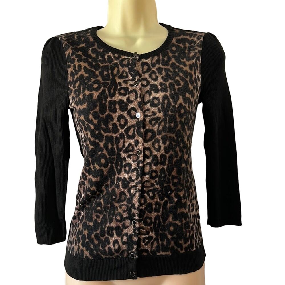 Ann Taylor Leopard Print Merino Wool Cardigan Sweater Woman Size Small Button Up